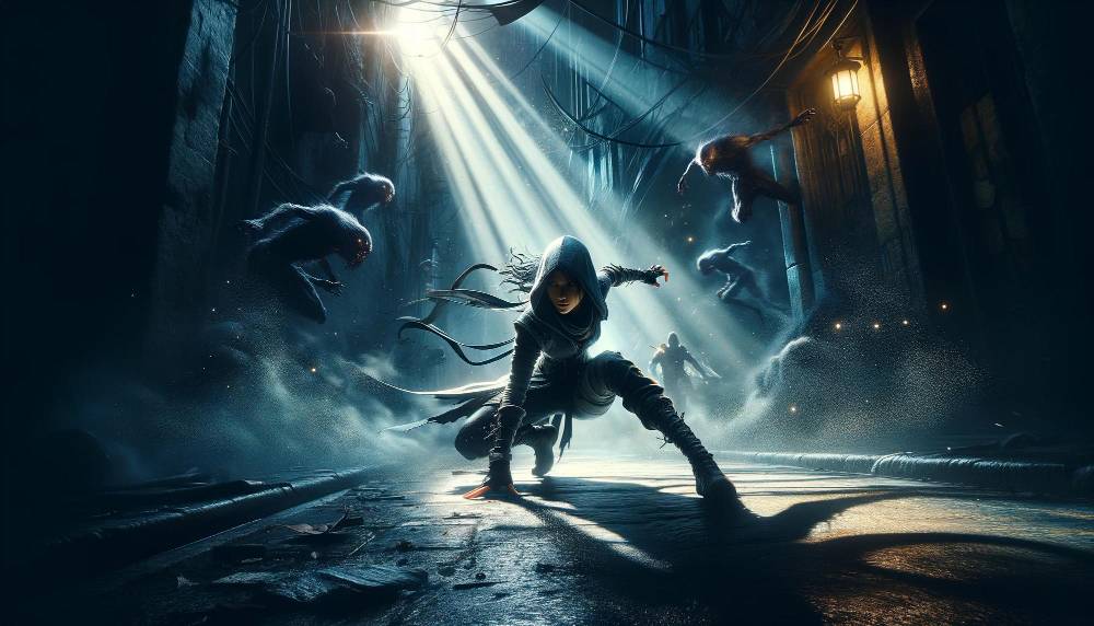 Fighter stands in beam of light facing dark creatures