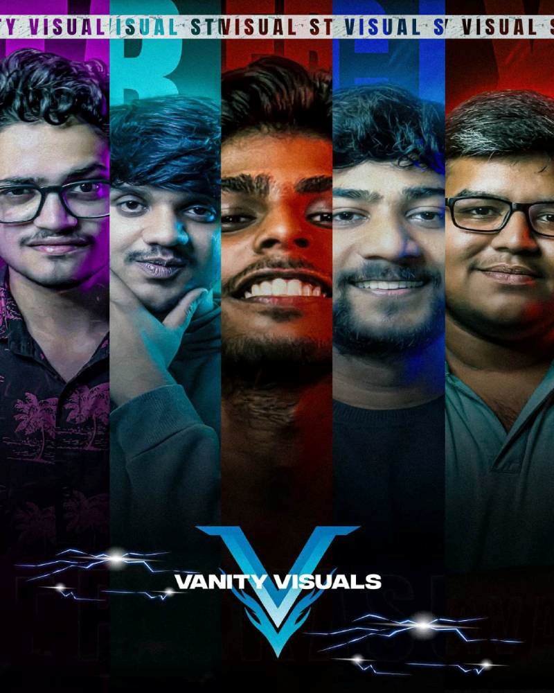 Stylized portrait of student team in colorful graphics.